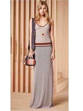 Vintage Tory Burch Striped Knit Maxi Skirt in Cream and Brown